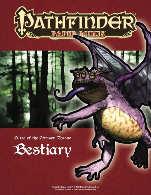 Pathfinder Paper Minis, a Bestiary PDF featuring over 100 miniatures, includes colossal creatures, large spirits, and insects set against a fantasy background, perfect for tabletop gaming adventures inspired by the Curse of the Crimson Throne Adventure Path.