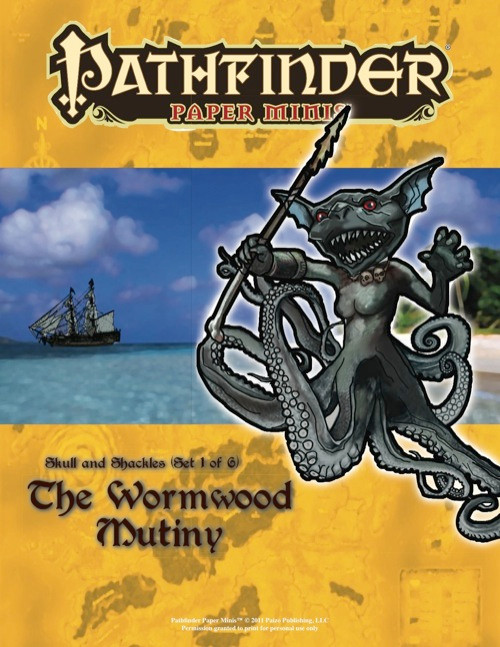Pathfinder Paper Minis, Skull & Shackles Adventure Path Part 1, featuring over 100 key miniatures and a pirate crew, aquatic monsters, and a parrot, on a sea and beach background, tabletop RPG, PDF format, full color, yellow and blue.