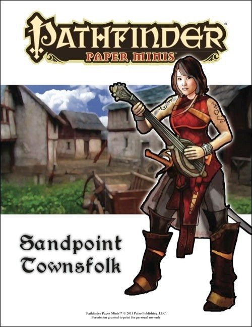 Pathfinder Paper Minis—Sandpoint Townsfolk PDF features 17 miniatures including Abstalar Zantus and Ameiko Kaijitsu, in various sizes, presented in a fantasy setting with digital colors, highlighting the townsfolk of Sandpoint in a Rise of the Runelords Adventure Path.