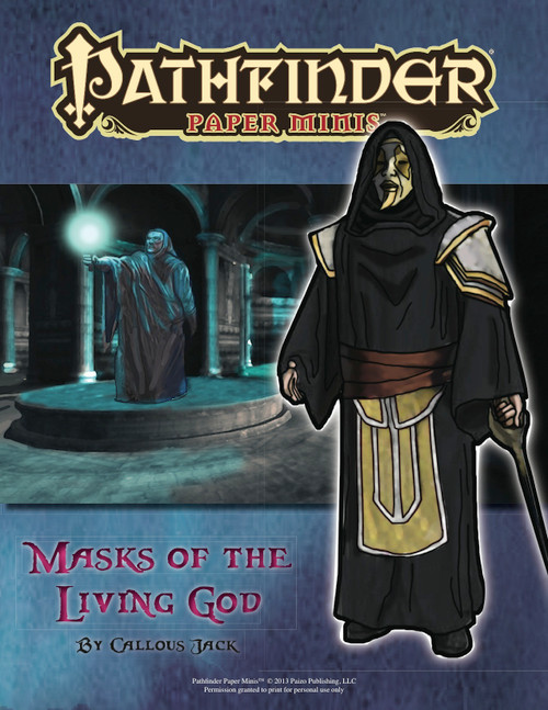 Pathfinder Paper Minis for Masks of the Living God, featuring 6 miniatures from Pathfinder Module, including Acolyte of Razmir, Cygar Amravis, and Earth elemental, in various poses and black with gold accents tones.