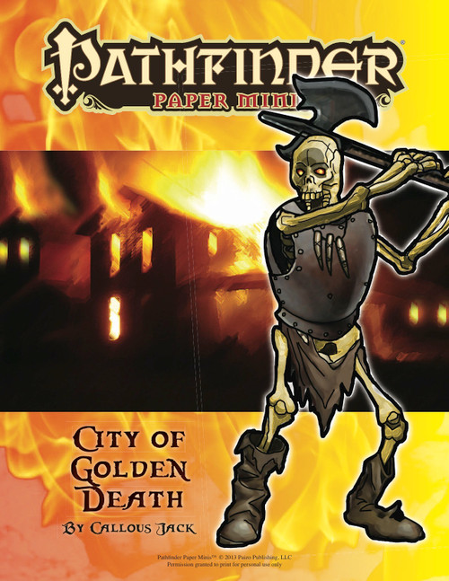 Pathfinder Paper Minis - Pathfinder Module: City of Golden Death PDF, featuring a set of tabletop miniatures with 35 items. Includes constructs, swarms, creatures like Acolyte of Razmir, and a green young dragon in various sizes and colors for tabletop RPG adventures.