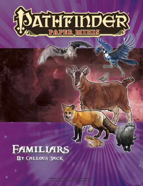 Pathfinder Paper Minis—Familiars PDF, containing 50+ new tabletop miniatures featuring armadillo, fox, goat, and various fantastical creatures on a purple background, designed for use in Pathfinder tabletop games.