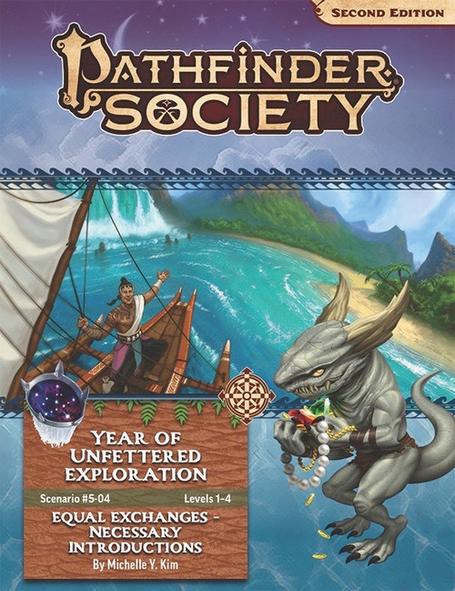 Pathfinder Society Scenario #5-04: Equal Exchanges – Necessary Introductions, a fantasy demiplane adventure by Michelle Y. Kim, featuring a fantasy creature, a boat on a beach, with a purple and gold color scheme, second edition, designed for levels 1-4 characters.