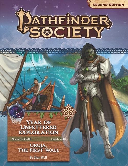 Pathfinder Society Scenario #5-06: Ukuja, The First Wall, set in Demiplane, featuring a player character in white armor standing beside a ship on tropical waters with lush green surroundings near a tropical landscape.