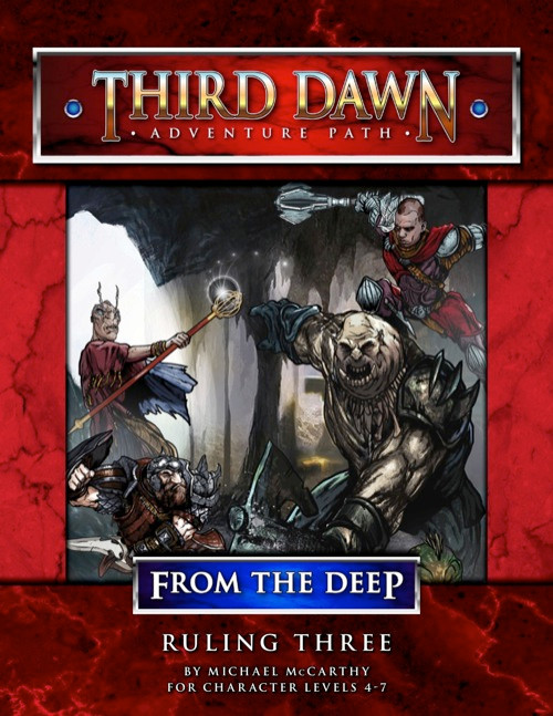 Fantasy book cover for the From the Deep: Ruling Three PDF, a third dawn adventure path featuring warriors battling a humanoid creature in red and black design with gold and white text.