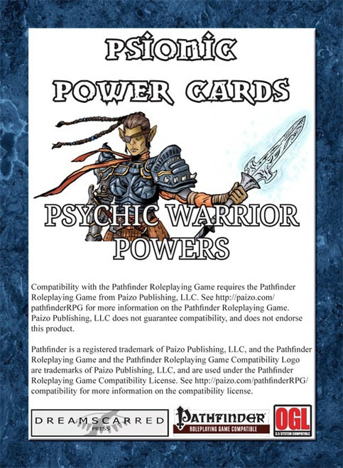 Psionic Power Cards: Psychic Warrior Powers PDF featuring a fantasy warrior wielding a sword. Compatible with the Pathfinder Roleplaying Game, published by Dreamscarred Press, showcases psychic abilities and powers in a 32-page digital format.