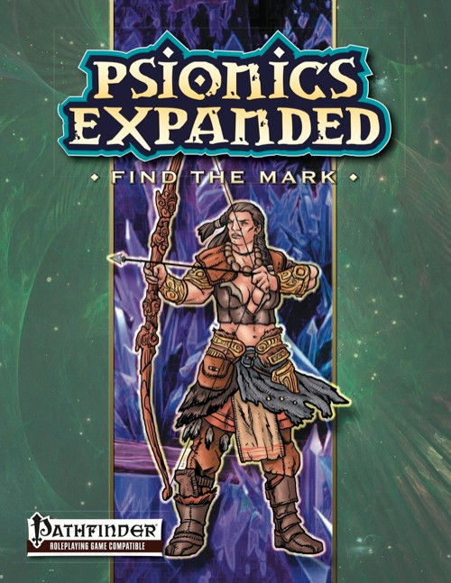 Pathfinder compatible PDF, Psionics Expanded: Find the Mark, digital tabletop supplement, featuring a female warrior with orange, gray and gold armor, on a green and purple crystal design background, with fantasy adventure elements.