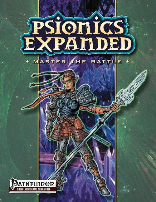 Psionics Expanded Master the Battle PDF cover artwork featuring a character in armor with sword and staff, Pathfinder logo, on a green and purple background, a Pathfinder roleplaying game compatible digital product.