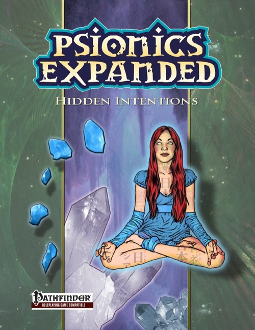 Psionics Expanded: Hidden Intentions PDF features a woman in blue sitting on crystals with floating blue crystals, fantasy artwork for the Pathfinder Roleplaying Game, no color bleed.