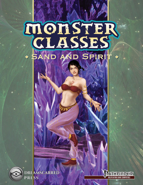 Monster Classes: Sand and Spirit PDF publication, featuring a woman in red top and pink pants against a purple crystal background, Pathfinder RPG compatible, published by Dreamscarred Press, fantasy adventure game supplement.