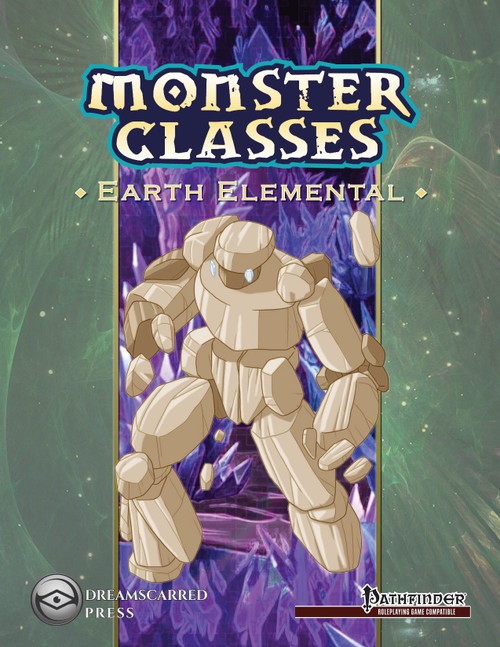 Earth Elemental Monster Class PDF cover featuring large beige golem on a purple and green background, DREAMSCARRED PRESS, and PATHFINDER logo illustrating fantasy role-playing game character class for players and game masters.