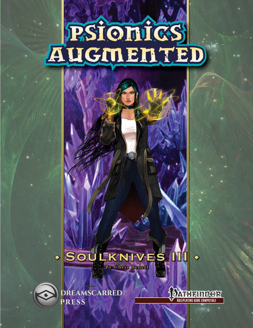 Cover art of Psionics Augmented: Soulknives III PDF features a woman in a black coat with glowing yellow hands on a purple background, showcasing Dreamscarred Press and Pathfinder RPG logos.