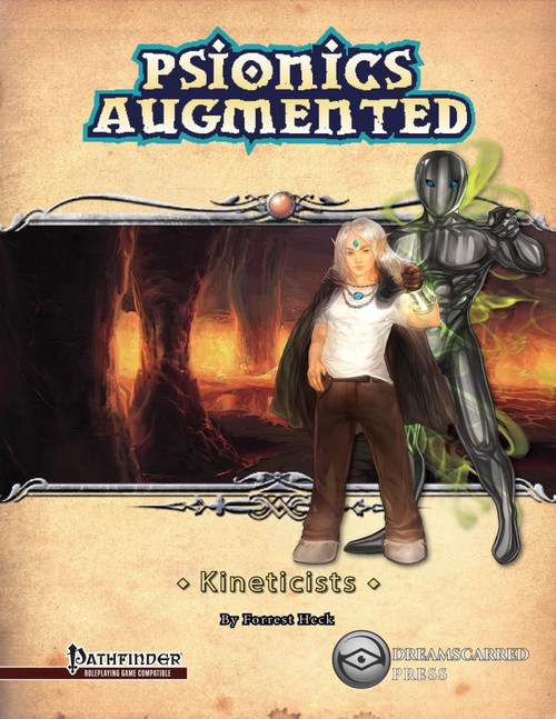 Psionics Augmented: Kineticists (Occult) PDF cover, a fantasy setting featuring a man and robotic figure with green lines, set against a mystical backdrop, published by Pathfinder and Legendary Press.