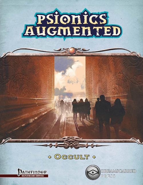 Psionics Augmented: Occult PDF cover featuring a dark silhouette approaching a bright portal, decorated with Pathfinder and Dreamscarred Press logos in subtle design, no additional text present.
