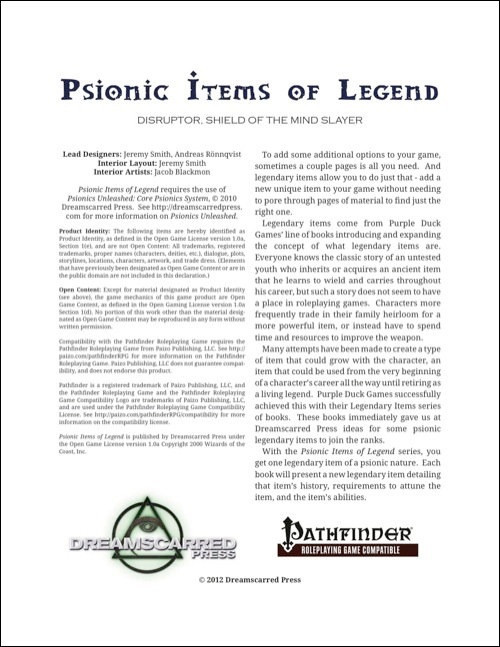 Psionic Items of Legend: Disruptor PDF, a Pathfinder RPG supplement by Dreamscarred Press, featuring psionic content, 1 PDF file, published in the PFRPG book series.
