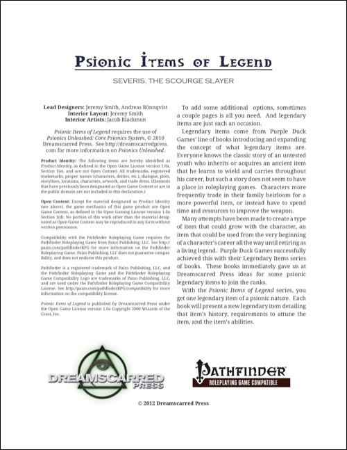 Psionic Items of Legend: Severis the Scourge Slayer PDF, a digital Pathfinder game supplement by Dreamcarved Press, featuring a full-color cover with the publisher's and Pathfinder logos and detailed item description pages.