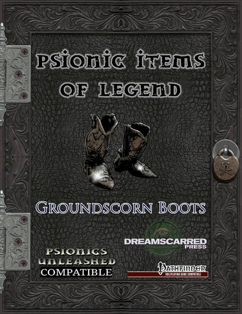 Brown leather boots with silver hardware on a black background, Psionics Unleashed compatible, part of Psionic Items of Legend from Dreamscarred Press, a Pathfinder accessory PDF featuring Groundscorn Boots.