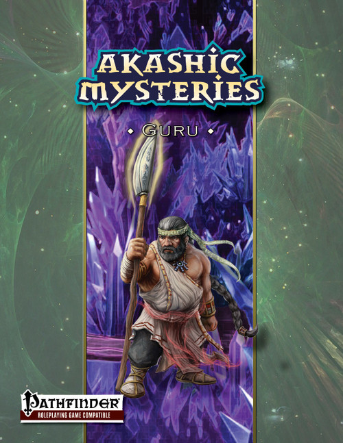 Akashic Mysteries: Guru PDF, a role-playing game adventure, featuring a bearded man in brown and white attire with a spear, on a purple background, compatible with Pathfinder games, by an unspecified brand, in multiple language formats.