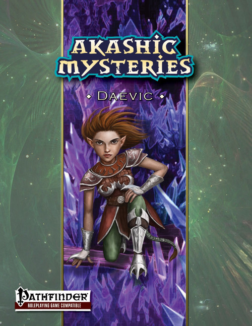 Daevic PDF, a fantasy roleplaying game for Pathfinder, featuring a female warrior in silver armor against a purple crystal background, high fantasy adventure game elements, compatible with Pathfinder RPG, digital product art.