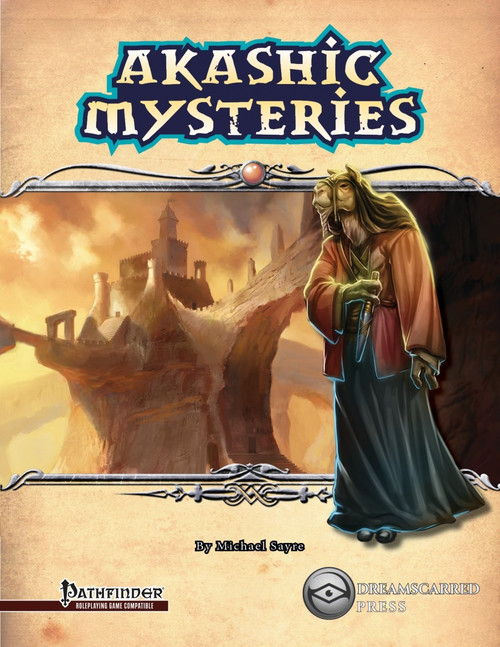 Akashic Mysteries PDF, an RPG supplement by Michael Sayre, featuring a man in dark robes and a dagger against fantasy castle backdrop, published by Pathfinder and Dreamcatcher Press in a standard PDF format.