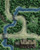 GameMastery Flip-Mat: Forest Path PDF. A map depicting a forest scene with a dirt road, with bridges crossing over a winding river. A wooden building sits at the bottom of the area.
