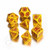 Photo of a set of 7 polyhedral dice in yellow with red numbers and design embellishments.
