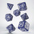 Photo of seven polyhedral dice in cobalt blue with numbers and futuristic design embellishments in white ink.