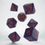 Starfinder Dice: Dead Suns photo of a set of 7 polyhedral dice in dark blue with orange numbers and sci-fi design embellishments.