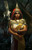 Lords of Gossamer & Shadow Diceless PDF female warrior holding a silver staff with broad blade, wearing gold armor, and colorful bracelets, set against a dark background, with a red headscarf and ornate headpiece.