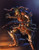 Lords of Gossamer & Shadow Diceless PDF, a dark fantasy creature with green reptilian humanoid features, black spiked armor and horns, wielding a sword against a shadowy background with a warm light source.