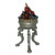 An image of a patinaed, iron, three legged brazier filled with red flame. (Front View)