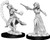 An image of the two included versions of the female human wizard. Left: casting an aggressive flame effect, robes billowing and face determined. Right: stepping forward with right arm outstretched to use a wand. (Front View)