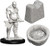An image of three minis contained in this pack. Left: hooded, shirtless executioner wielding a large axe in both hands held low and waiting for the right time. Right Top: A worn chopping block with an indent for one's neck. Right bottom: A basket containing a recently severed head. (Front View)