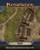 An image of the Pathfinder Flip-Mat: Siege with the Pathfinder logo on top, the product name on the bottom, and in the center a glimpse of one of the included maps featuring fortified buildings behind a defensive wall of spiked logs.