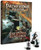 Pathfinder Adventure Path: Rise of the Runelords Pawn Collection PDF product image shows the closed box of pawns standing upright, featuring an image of a heroic fighter and sorcerer fighting against an evil wizard who wears a green robe and wields a burning glaive; the scene takes place in a dungeon room in front of a mysterious rune-carved archway. In the foreground in front of the box stand three sample pawns fitted into black plastic bases, a small, medium, and large pawn each showing a different character.