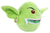 Pathfinder Dice Gobblin' Goblin Plush Bag, a green plush goblin head toy with red eyes and a white zipper mouth into which dice may be stuffed like fresh pickles. In this side view, the goblin's mouth is open and some dice are spilling out!