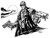 Classic Supers Stock Art Collection 2 (Download), a black and white illustration by Paul Daly, features a character with a helmet, coat, and dual guns against a sunset background, 7 stock art pieces in this collection.