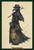 A dapper plague doctor dressed all in black, turned away from the viewer and carrying a lantern.