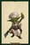 A bright green, grinning goblin chef, holding a cleaver in one hand and a dripping pickle in the other. 