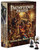 Pathfinder Pawns: Inner Sea Pawn Box PDF product image shows the closed box of pawns standing upright, featuring a cover image of many rowdy tavern patrons enjoying a rip-roaring party on a wooden stairwell. In the foreground in front of the product stand three sample pawns fitted into black plastic bases, each showing a different character.