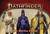 Pathfinder NPC Battle Cards cover depicting a doctor with a cleaver, a necromancer holding a purple skull, and a warrior in full plate armor with a sword and shield.