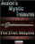 Avalon's Mystic Treasures PDF cover featuring five elven weapons, including silver swords with green gemstones on dark red Celtic-inspired designs for Pathfinder games by Avalon Games.