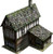 Apothecary 30mm paper model PDF terrain, customizable wargaming building with 2-story wooden structure, half-timbered facade, and green roof, available in various styles and configurations for a unique 30mm-scale miniature setup.
