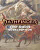 Pathfinder Lost Omens Subscription image featuring a daemon and mask-wearing Skinsawn Man cultists on the streets of a fantasy city--a scene from the cover of Absalom: City of Lost Omens.