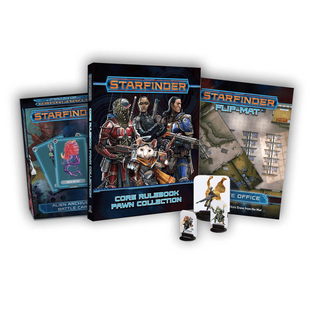 A spread of three starfinder first edition products. The first one is the Alien Archive one and two battle cards, the second one is the Starfinder Core Rulebook Pawn Collection box with a few loose pawns sitting in front of it, the first is the starfinder flip-mat corporate office featuring two square tiled flip mats of different office interiors.