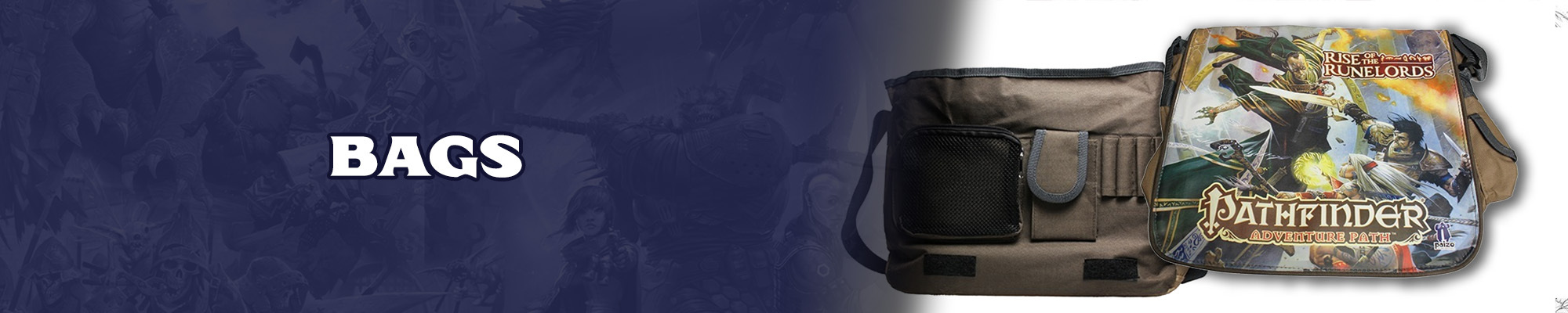 Bags: White Text with a dark blue outline overlayed over the top of a dark blue tinted illustration the pathfinder and starfinder iconics. To the right of the text graphic are photos of a messenger bag. The front of the bag features art of the pathfinder iconics fighting a ram in green and gold robes. The inside of the bag has multiple pockets for holding pens and phones