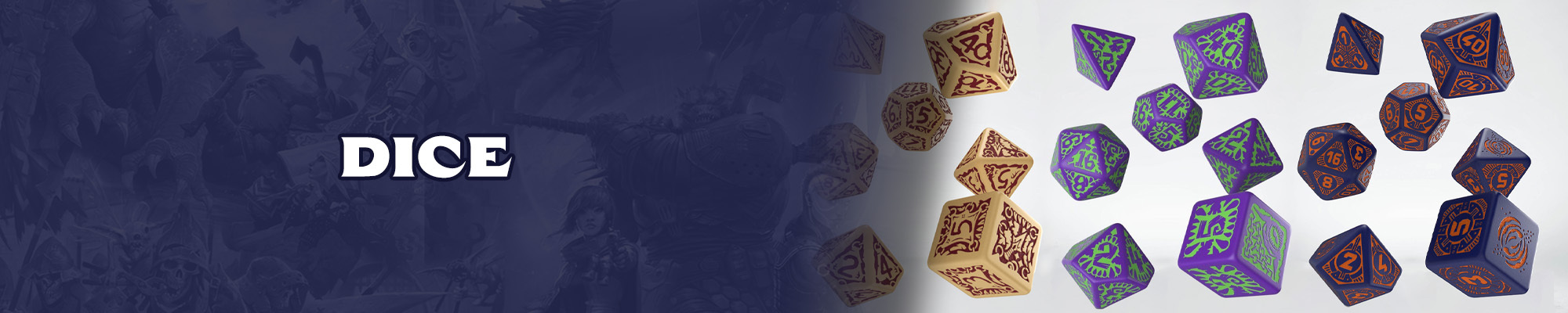 Dice: White text with a dark blue outline overlayed over a blue tinted illustration of the pathfinder and starfinder iconics. To the right of the logo is an image of multi-colored polyhedral dice