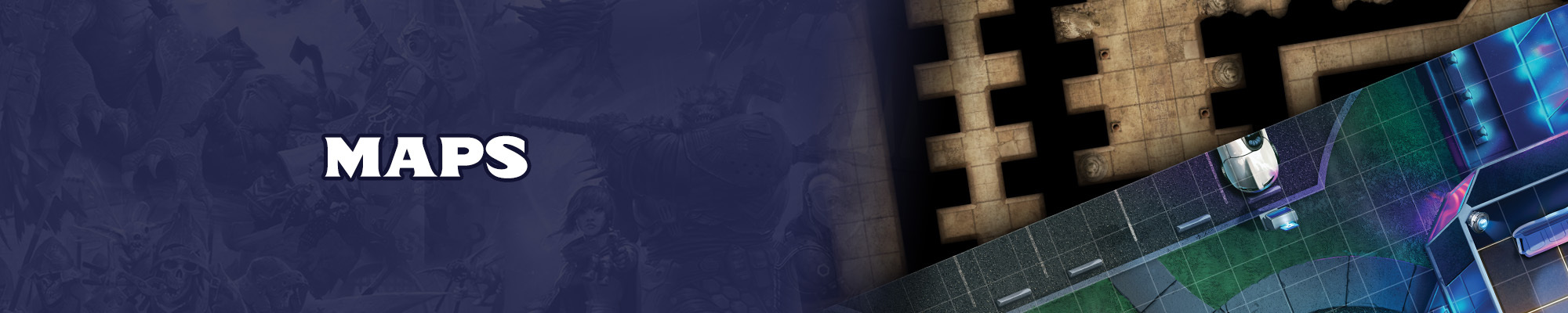 Maps: White text over a blue shaded illustration of that pathfinder and starfinder iconic characters. To the right of the Accessories title are two square tiled maps one of a dungeon and one of a futuristic road.