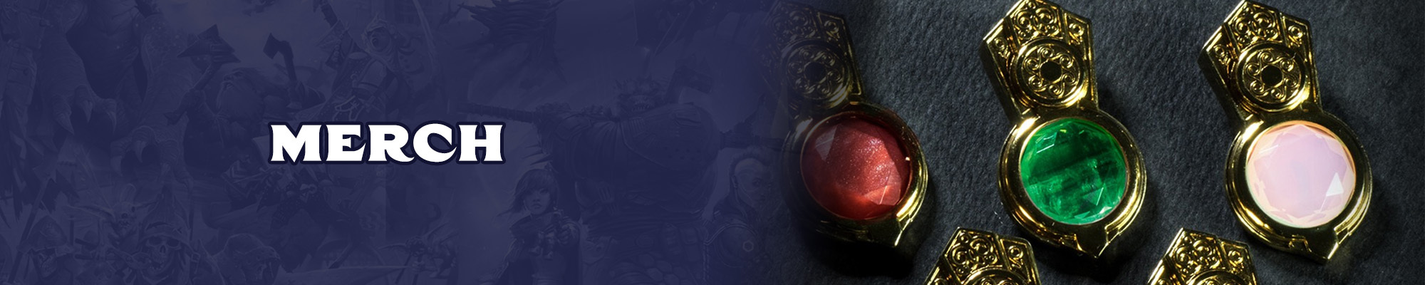 Merch: White text over a dark blue toned background of the pathfinder and starfinder iconics. To the right of the text is a photograph of the aeon stones. Small gem stones inset in a gold colored  band that can be attached to a Type40 Wayfinder Compass.