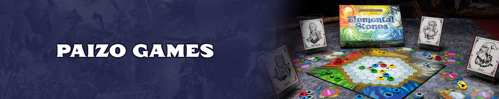 Paizo Games: White text over a blue tinted illustration of the pathfinder and starfinder iconic characters: To the right of the logo is a photo graph of an octagonal tiled board game with different colored pieces representing the elements
